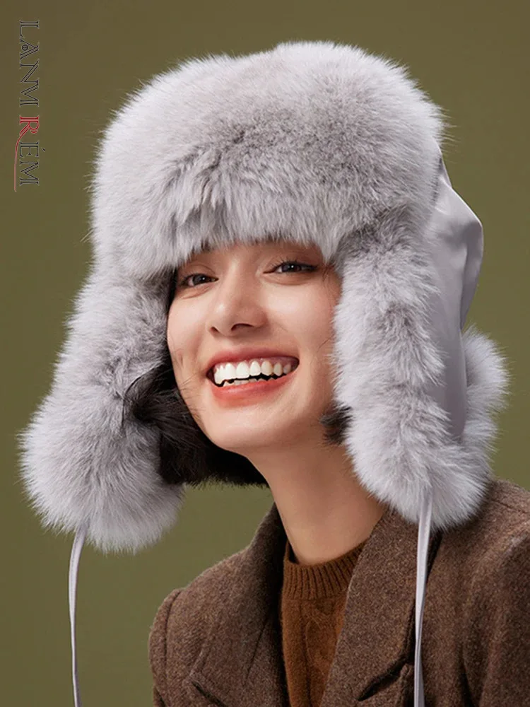 

[LANMREM] Elegant Fox Fur Design Hat For Women Contrast Color Thick Warm Outdoor Casual Versatile Luxury Hats 2024 Winter New