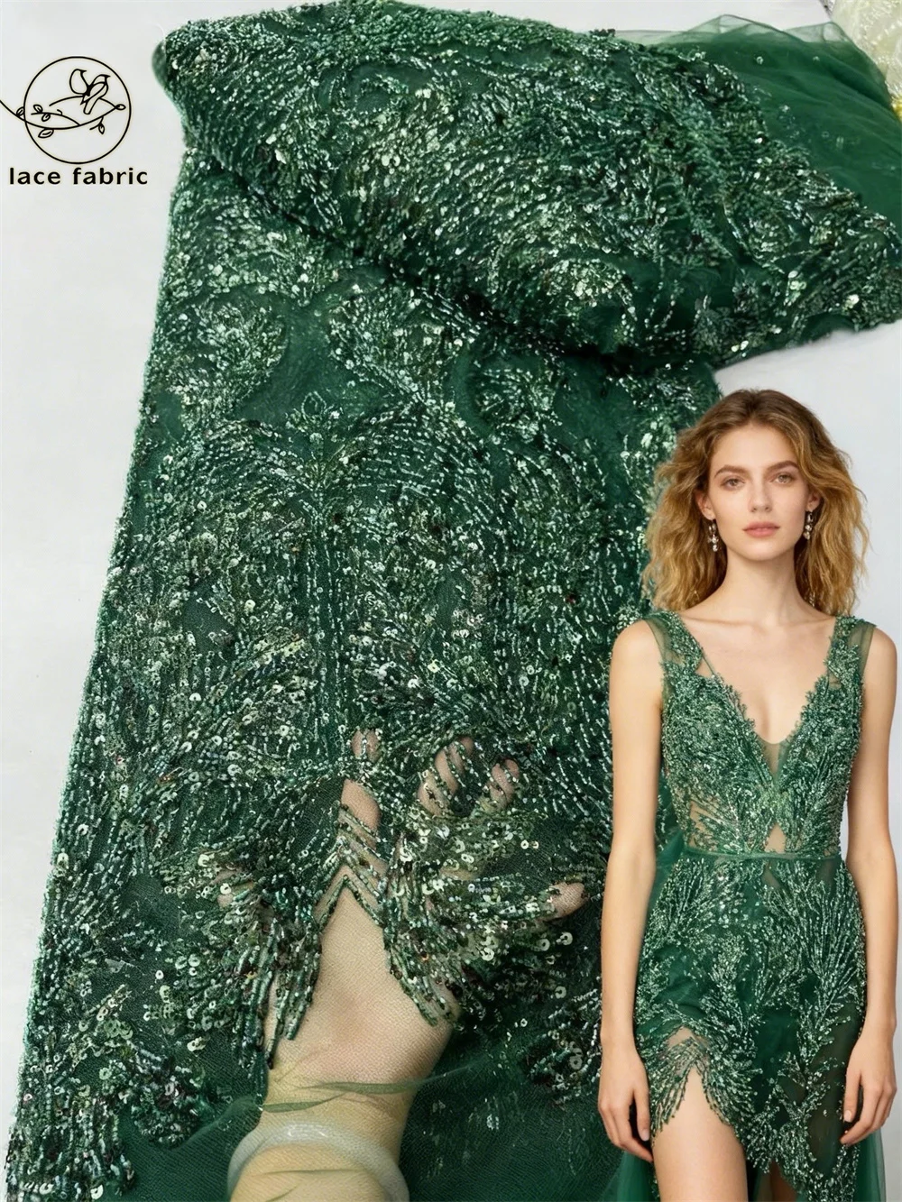 

Green African Beaded Lace 2026 High Quality Nigerian French Mesh Lace Fabric With Sequins For Wedding Party Dress Women 5 Yards