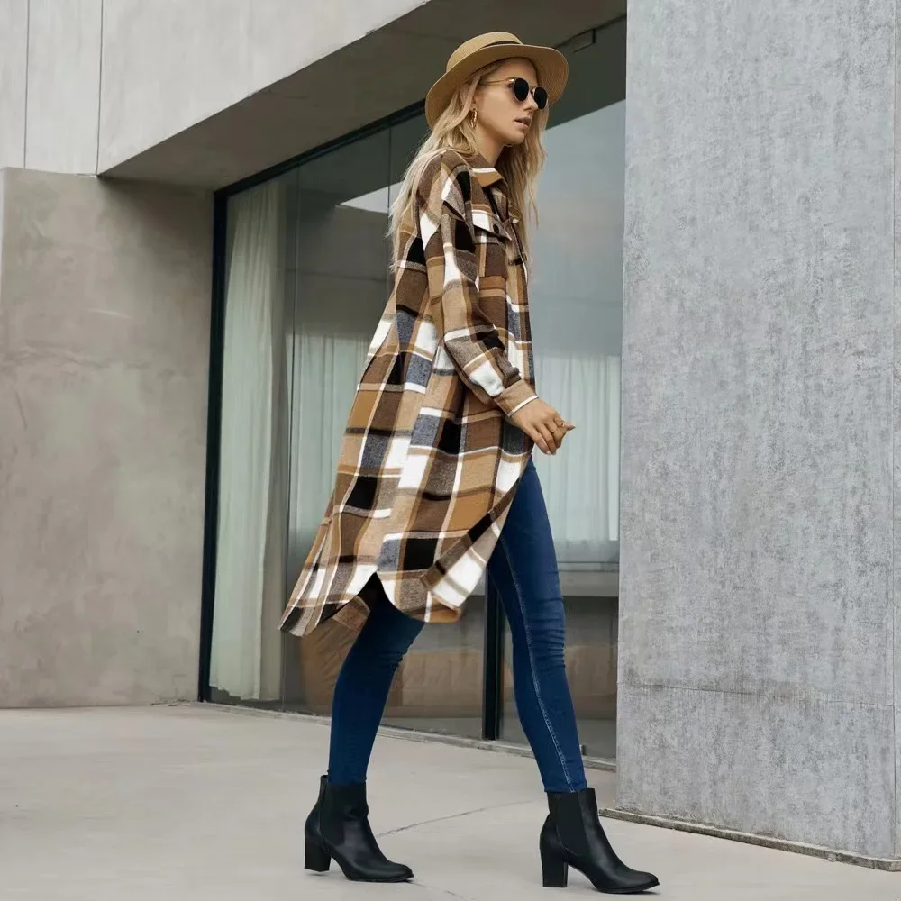 2024 nuova camicia autunnale cappotti spacco laterale risvolto sciolto lana Y2K lana Trench donna manica lunga Plaid cappotto tasche camicia giacche