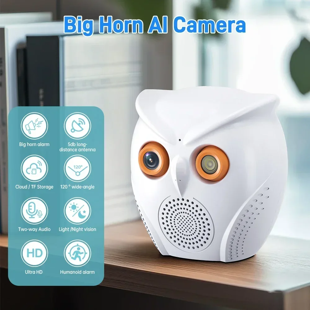 ICSEE Owl Design WiFi Camera 2K 5MP Motion Detection Mini Indoor Camera Color Night Vision Two Way Audio Security Camera System