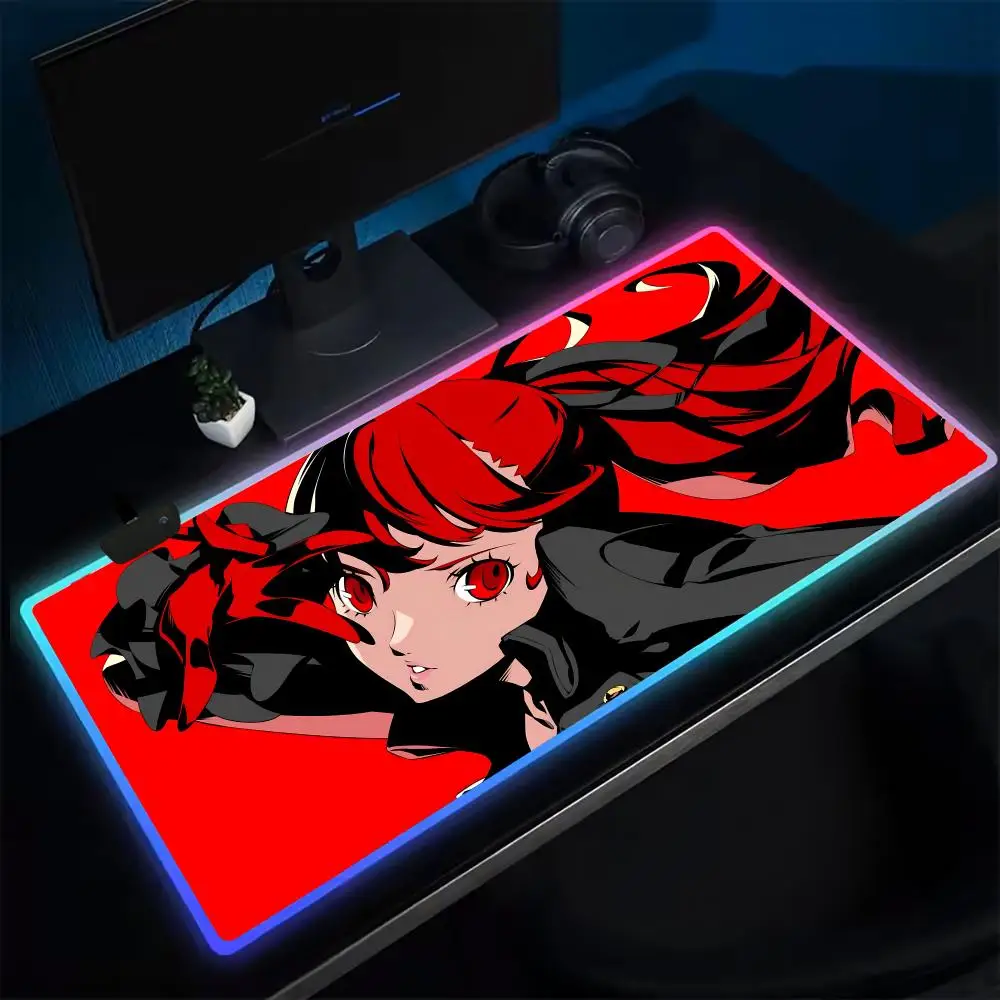 Ann P-Persona 5 Mouse Pad Anime Gaming Mouse Pad LED Table Pads Backlit Rubber Desktop XXL Mousepad RGB Desk Mats