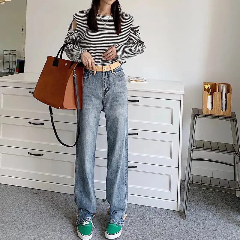 Blue Jeans for Women Fashion Collision Colour Multi-size High-waisted Wide-legged Trousers Personality Denim Pants Baggy Jeans