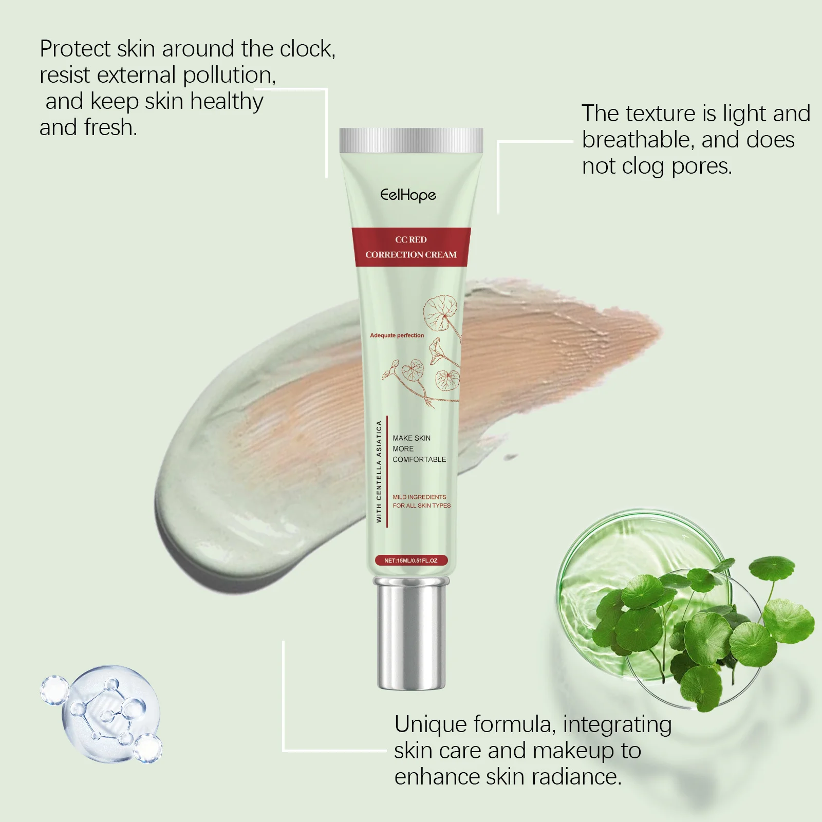 Centella Asiatica CC Cream Repair Redness Damage Smoothing Moisturizing Brighten Sunscreen Concealer Skincare Makeup Foundation
