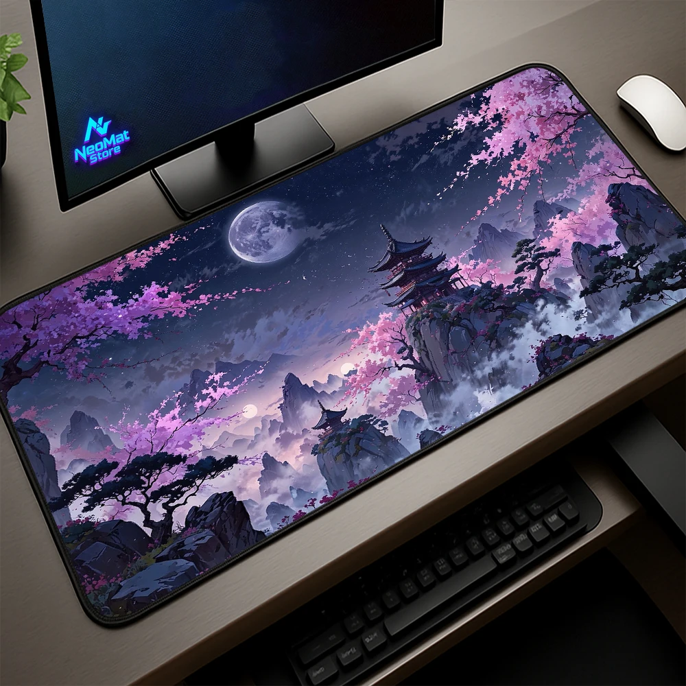 Japanese Sakura Mouse Pad Large Pc Gamer Gaming Desk Mat 900x400 Temple Blossom Mountain Moon Cherry Accessories Mousepad