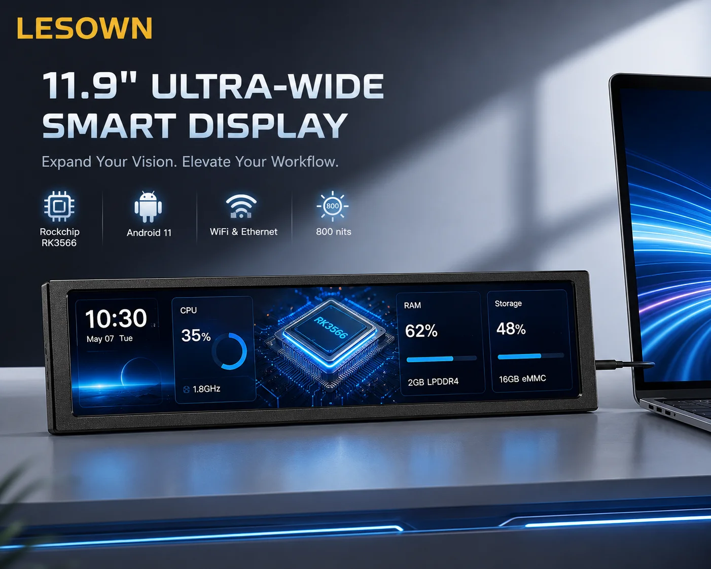 LESOWN 11.9'' Smart Bar Monitor Android 11 Pantalla LCD Alargada 1480x320 800 cd/m2 Ultrawide Display for PC Case