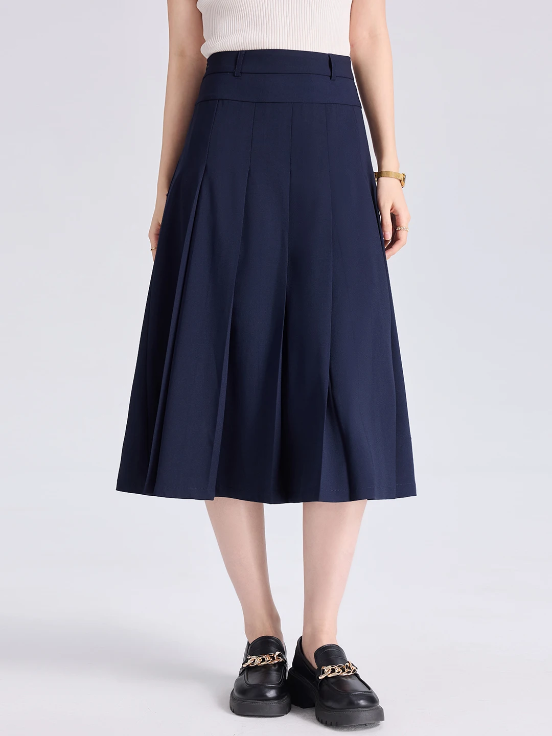 Blue A-Line Midi Skirt Women's Professional Suiting Pleated Slimming Interview Dress Polyester Fiber Elastic mid Waist