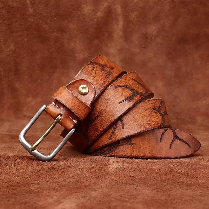 Retro personality trend antlers embossed first layer cowhide belt men's genuine leather stainless steel buckle jeans belt