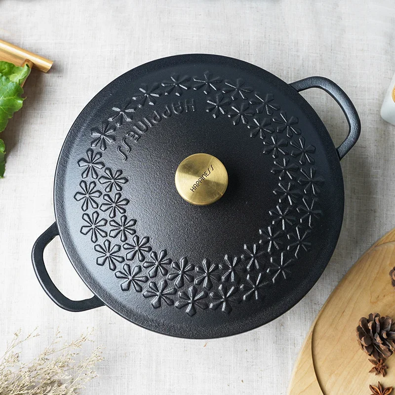 Black Cast Iron Enamel Seafood Cooker Uncoated Nonstick Cookware for Kitchen European Relief Smooth Design