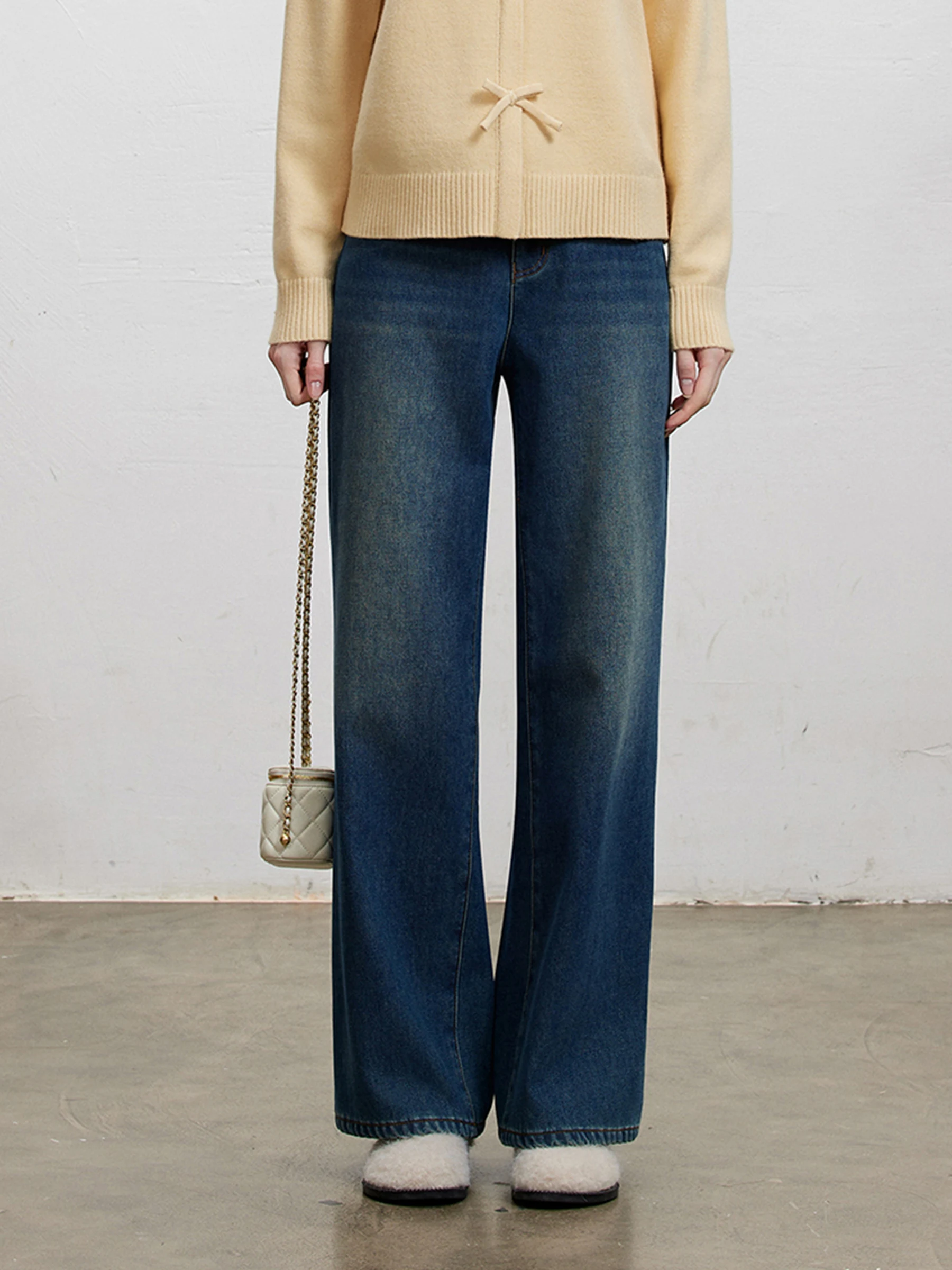 

Женские джинсы с высокой талией, утепленные, повседневные, зимние, широкие брюки Li Xiaolong Pear, синий деним Spirit Blue