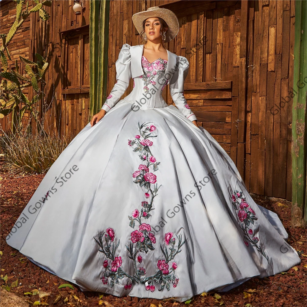 Vestido de quinceañera blanco de México, vestido de baile con bordado de cuentas, vestido de lujo de cumpleaños con lazo y manga desmontable, 2024