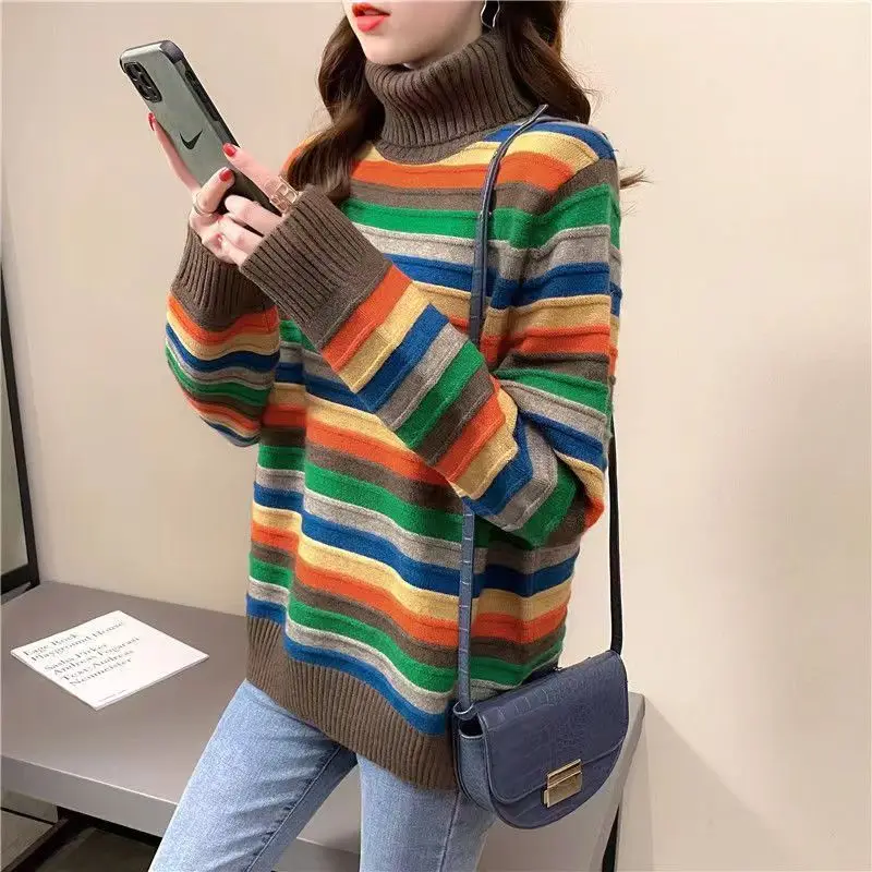 Women's Autumn Winter Fashion High Neck Pullover Rainbow Stripe Casual Versatile Long Sleeve Loose Medium Length Sweater Tops