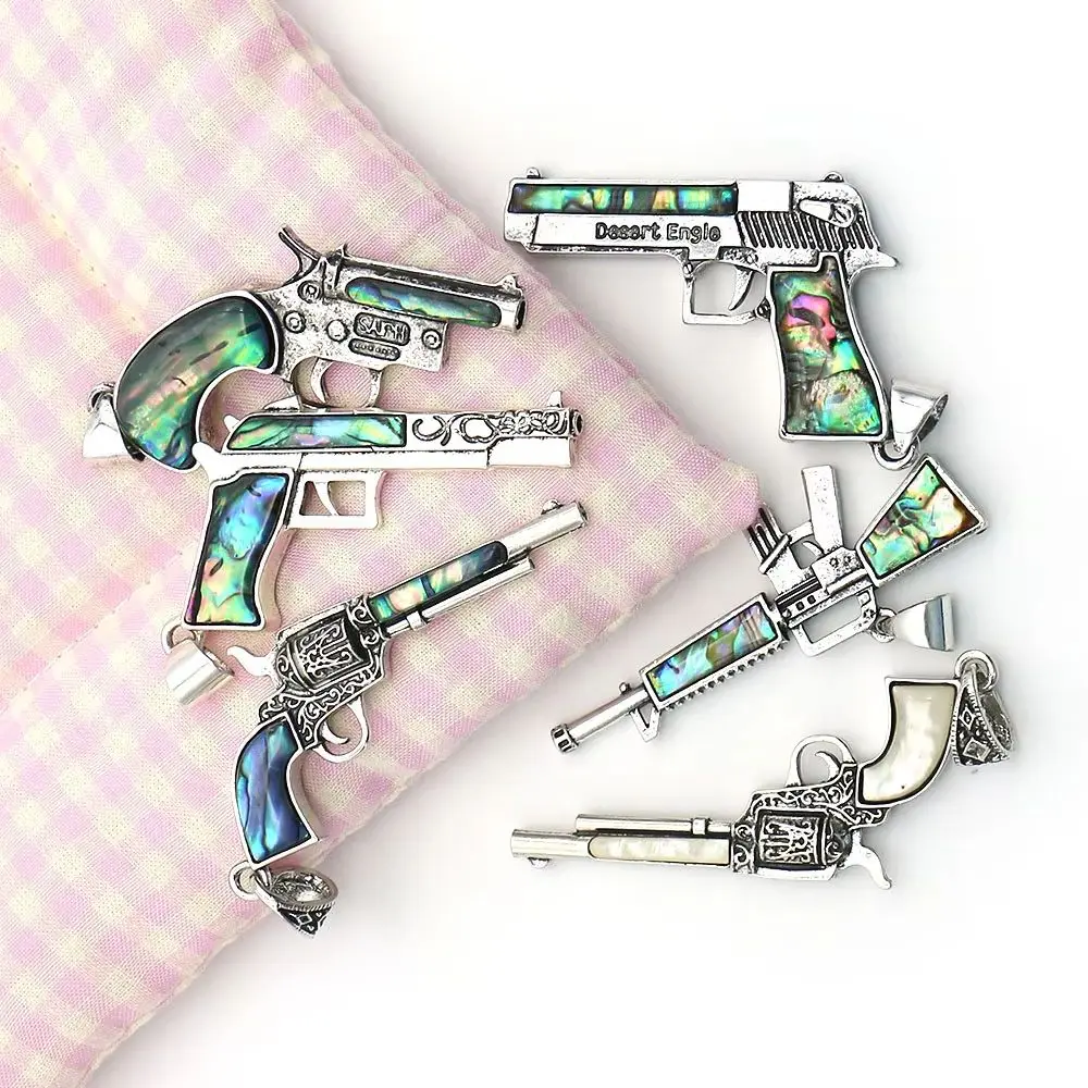 

Multiple Styles Natural Mother of Pearl Splicing Pistol-shaped Pendant Silver-color Vintage Style Necklace Jewelry Accessory 1pc