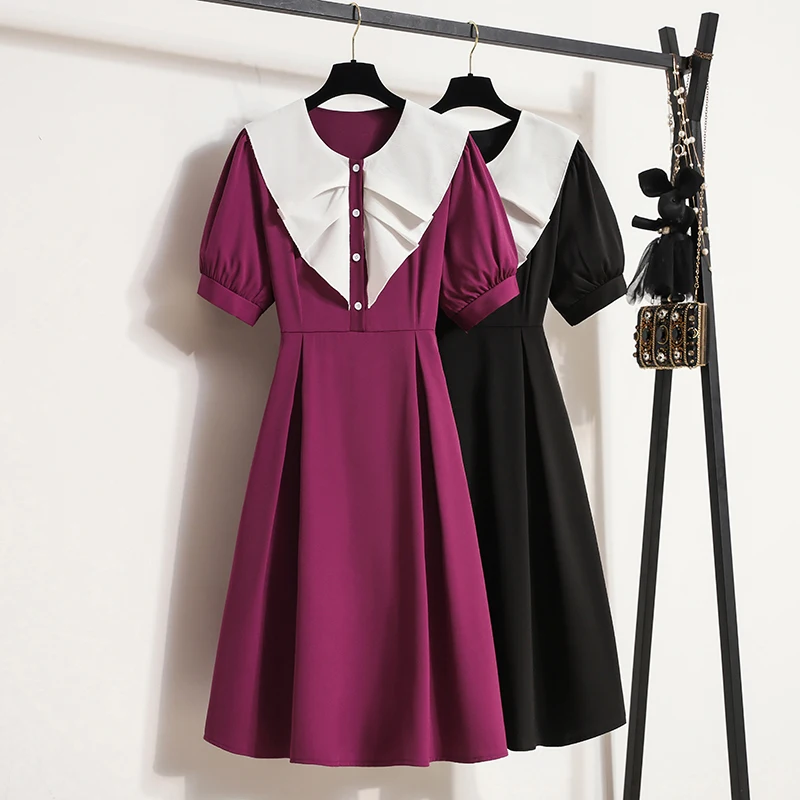 Women Fashoin Elegant Black Purple Dress 2022 Summer Short Sleeve O Neck A Line Knee Dresses Female Clothing Vestido Robe