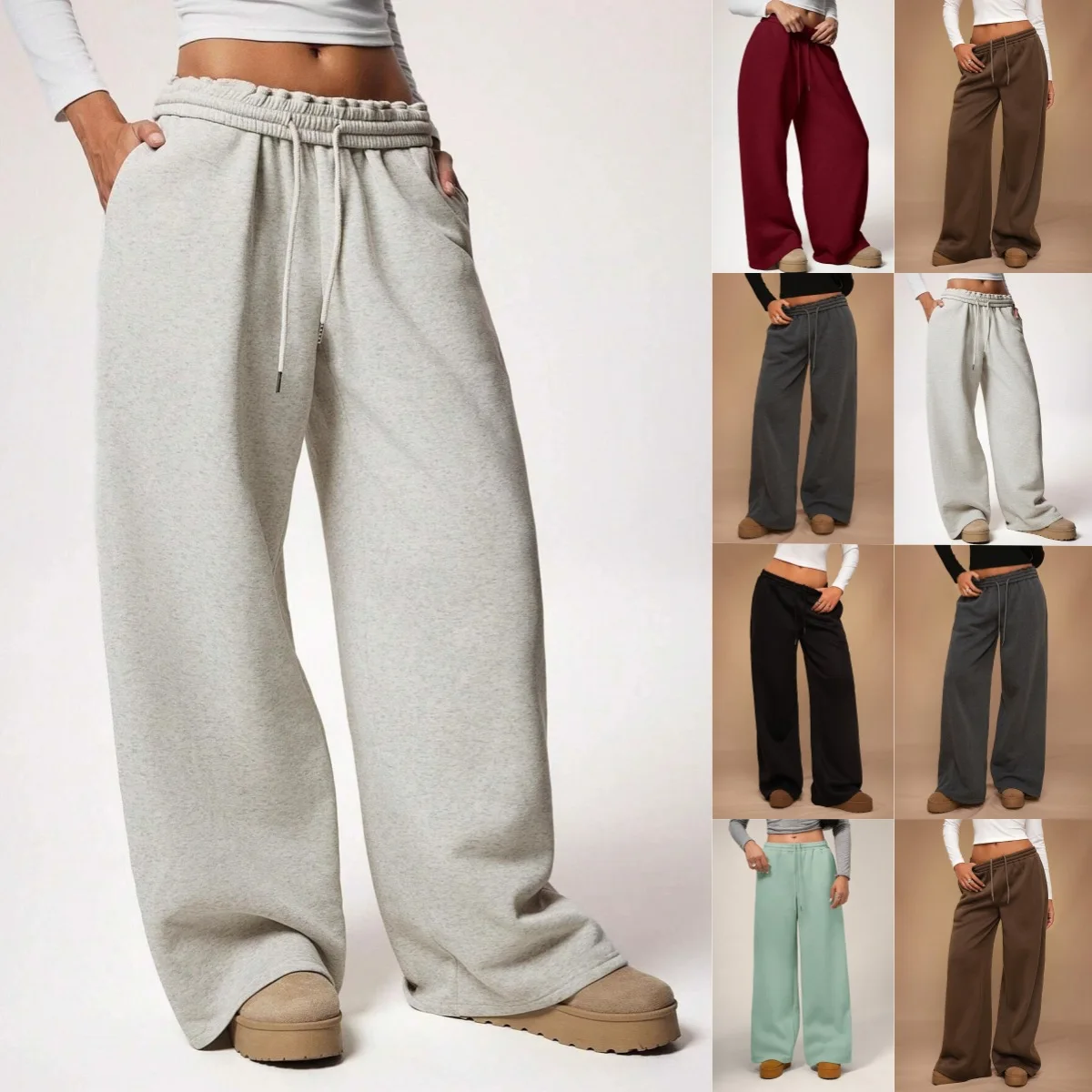 Elastic Waist Sweatpants Joggers Women Loose Fleece Wide Leg Pants Casual Lounge Trousers