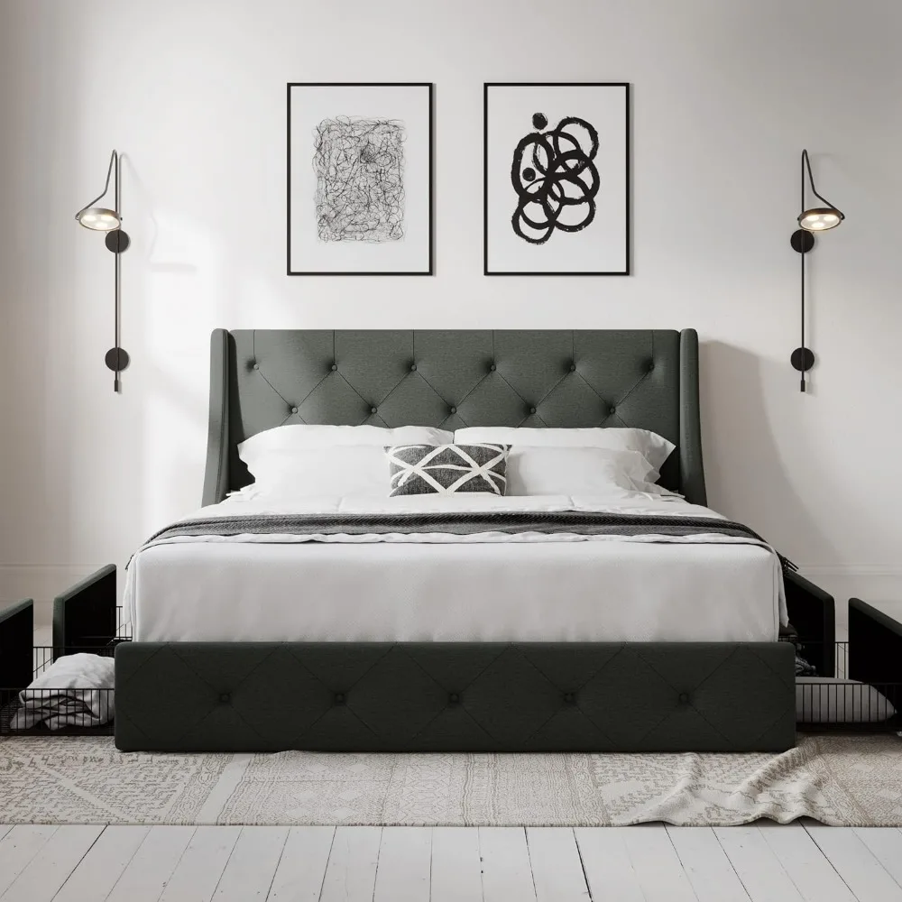 Queen Bed Frame with 4 Storage Drawers and Wingback Headboard, Button Tufted Design, No Box Spring Needed, Dark Grey  bedframe