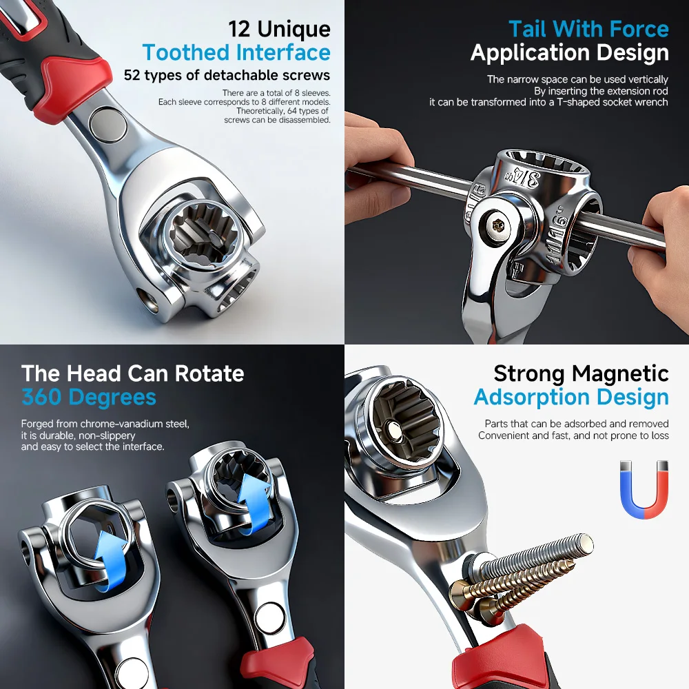 52 in 1 Universal Ratchet Wrench Multi-Functional Socket Wrench 360 Degree Rotating Spline Bolt Wrench for Car Motorcycle DIY