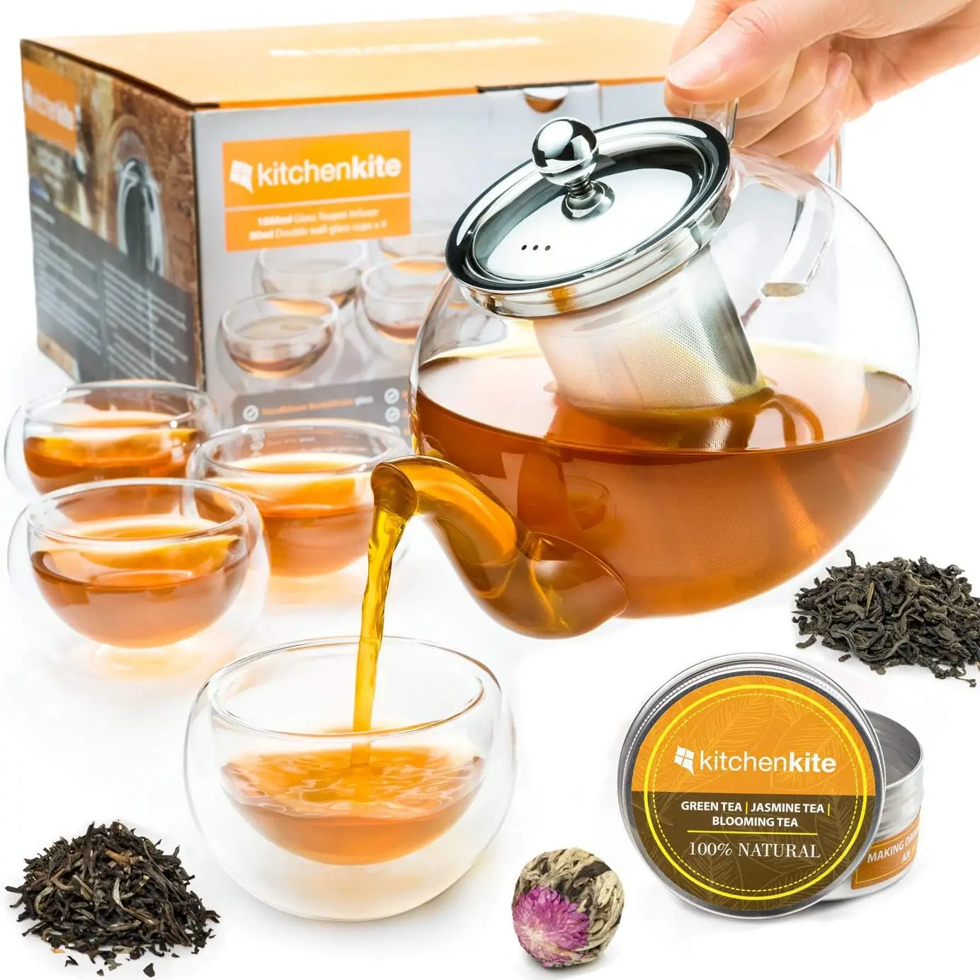 

Clear Glass Teapot Set with 4 Double-Wall Cups & Stainless Steel Infuser - Microwave, Dishwasher Safe for Loose Leaf Teas