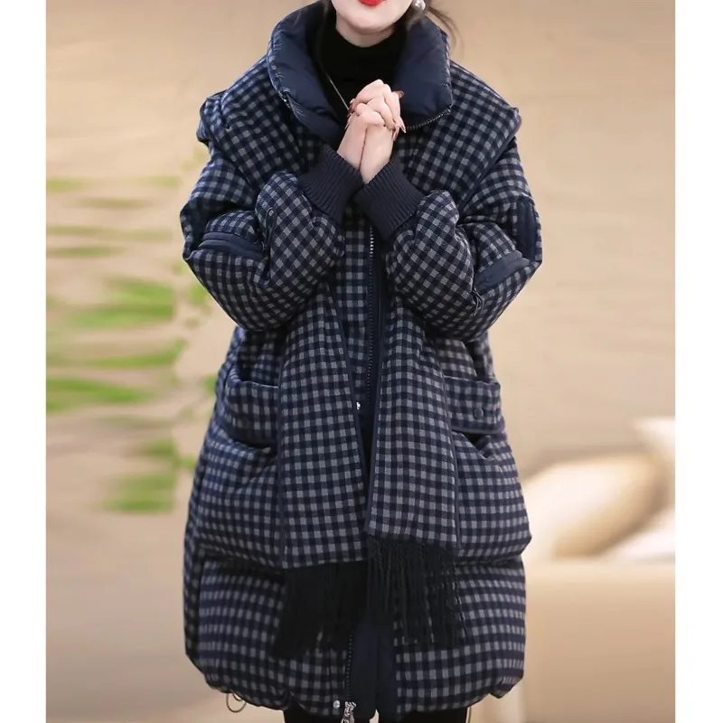 Jacket Women's Fall Winter Padded Jacket Fashionable Classic Checkered Stylish Design Scarf Hood Slimming Comfortable Minimalist