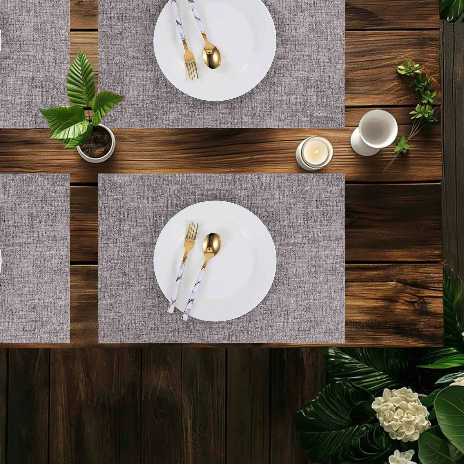 6Pcs Faux Waterproof Dining Table Placemats Rectangle Heat Resistant Cutlery Rest Home Hotel Restaurant Grey
