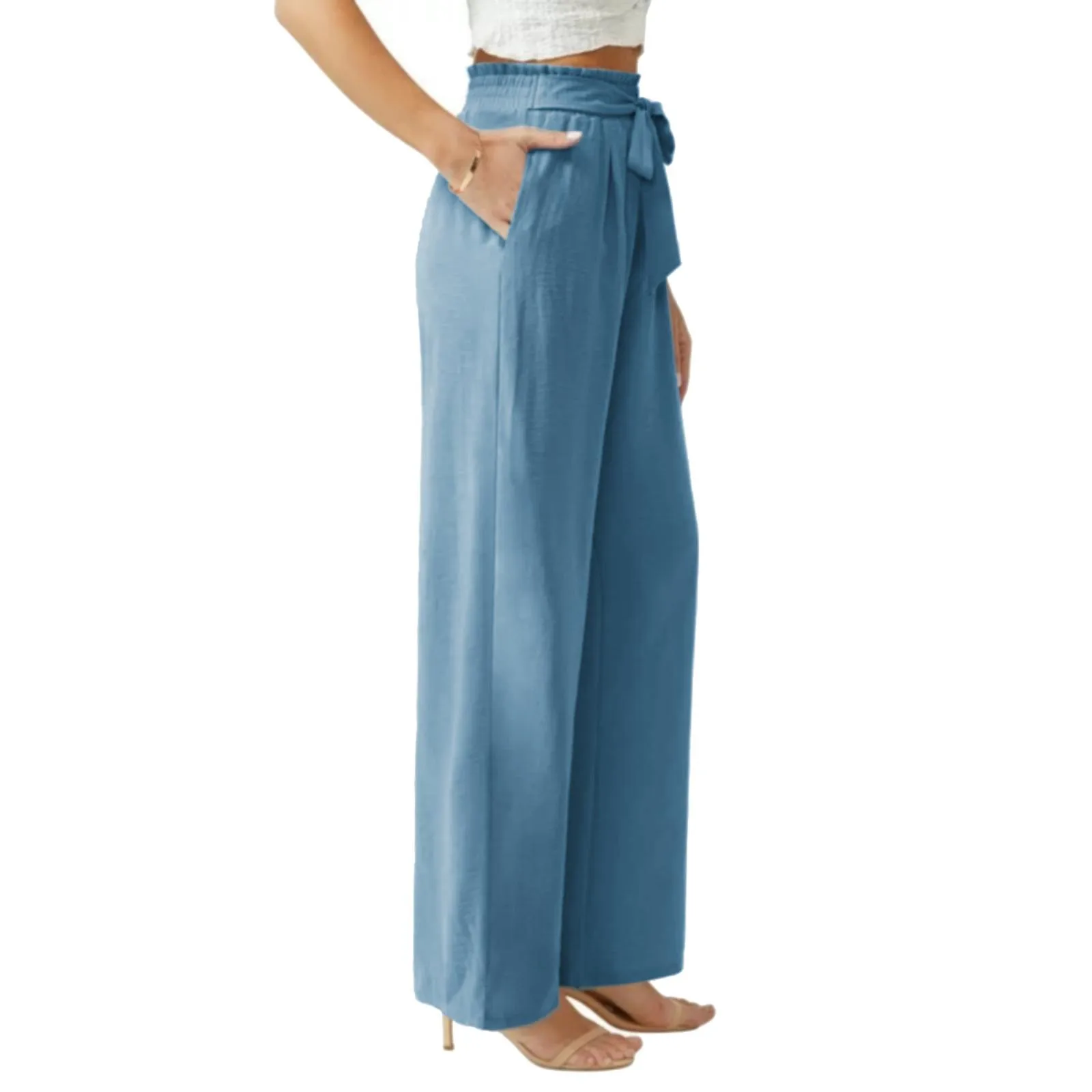 Business Casual Clothes for Women Pants Womens Elastic Belted High Waist Casual Loose Long Pants with Pocket Dress