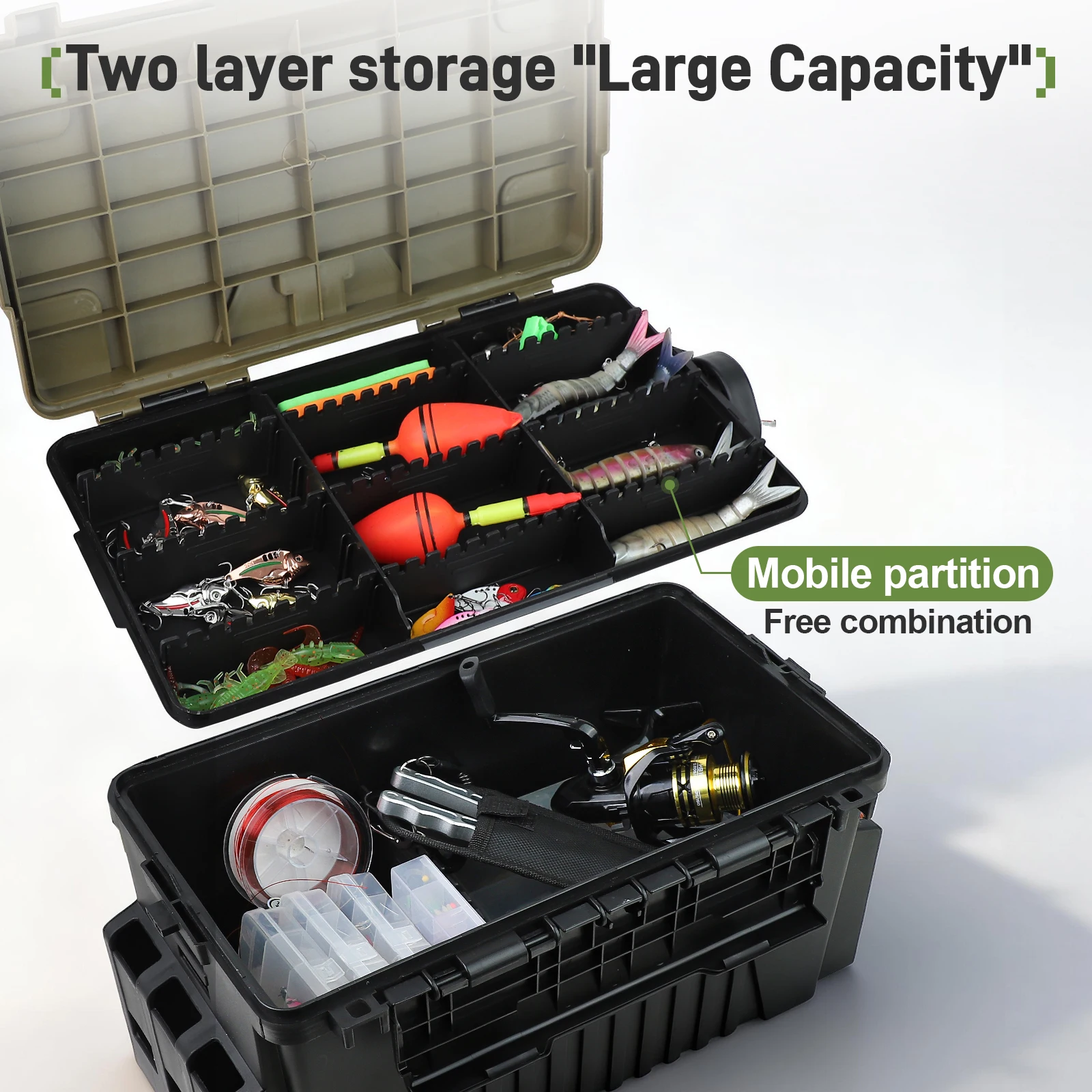 Fishing Tackle Box Double Layer Lure Storage Organizer Case with Rod Holder Heavy Duty Portable Fishing Box Seat Large Capacity
