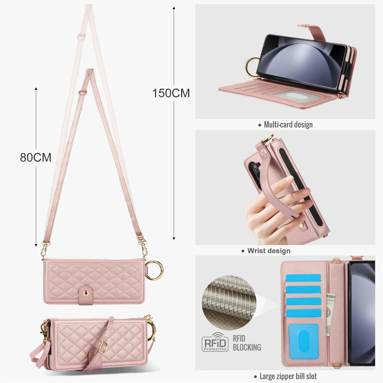 For Samsung ZFOld6 FOld5 FOld4 FOld3 Pen Slot Folding Crossbody Phone Case. Leather Case Ring Wristband Case