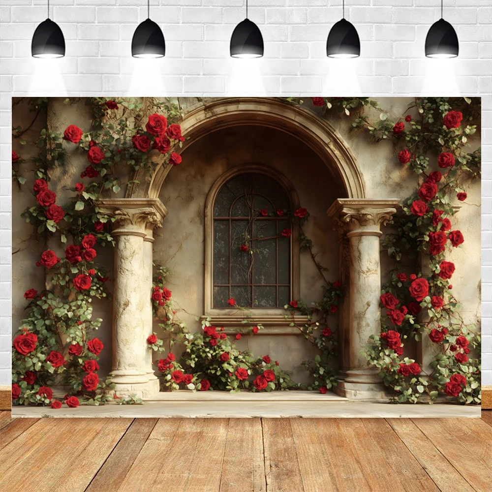 Red Rose Retro European Castle Palace Photography Backdrop Spring Flower Arch Bride Shower Wedding Party Background Photo Studio