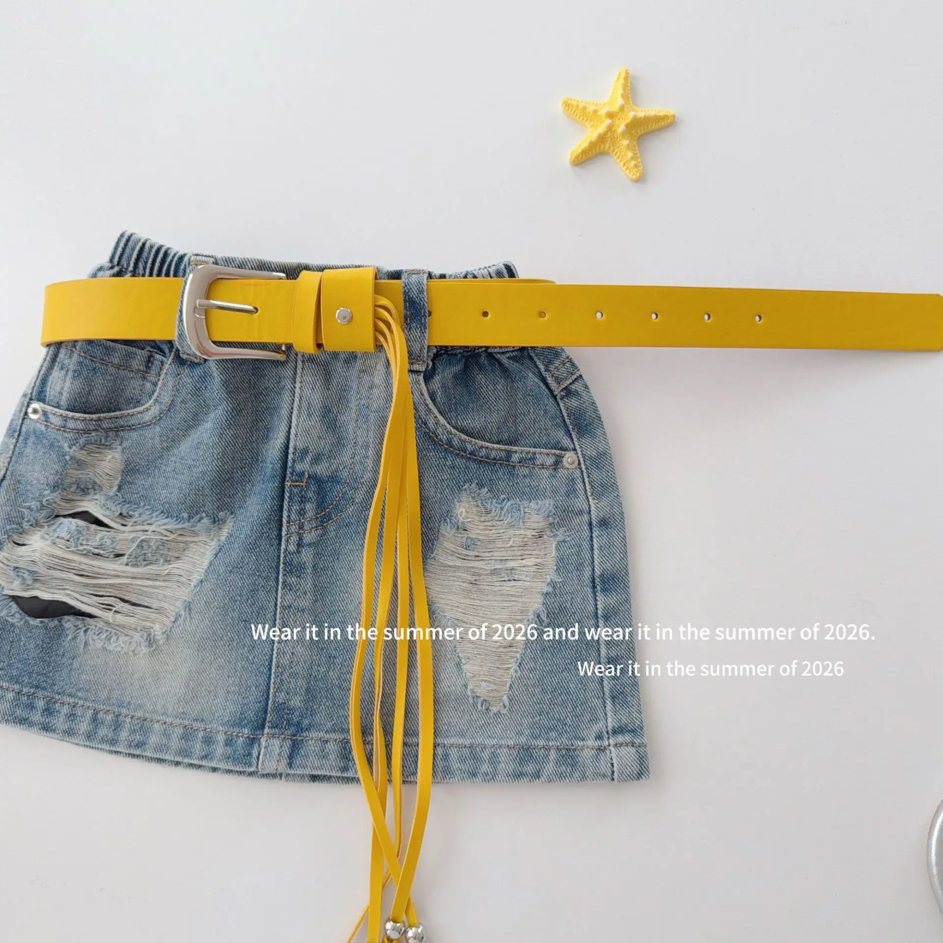 2026 Girls Korean Version Summer New Item Ripped Denim Skirt Childrens High Waisted A Line Short Skirt Pants
