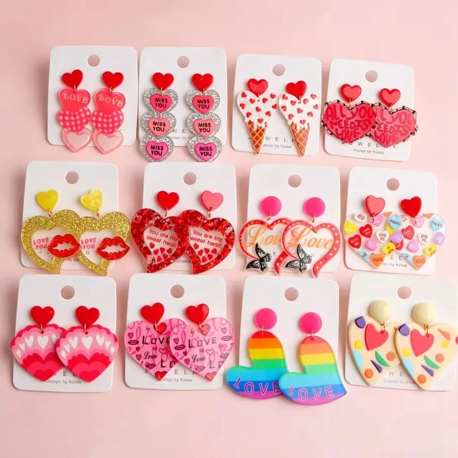 7/12Pairs Trendy Romantic Acrylic Dangle Earrings For Women Delicate Cute Y2k Heart Shape Mix Jewelry Holiday Party Gifts