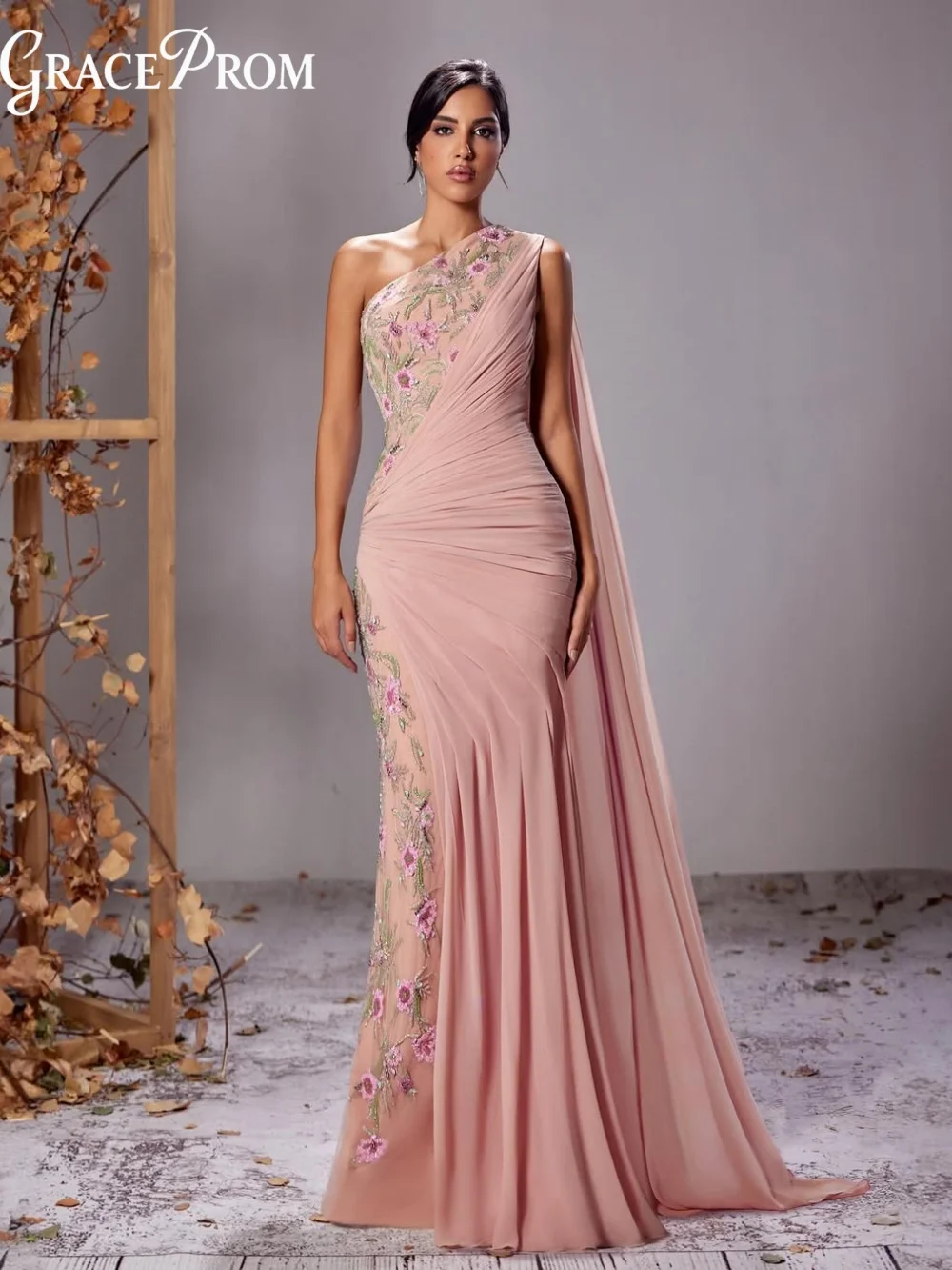 

Graceful Pink One Shoulder Mother Of The Bride Gown Cape Sleeve Ruched Bodycon Maxi Dress Floral Evening Dress For Wedding Guest