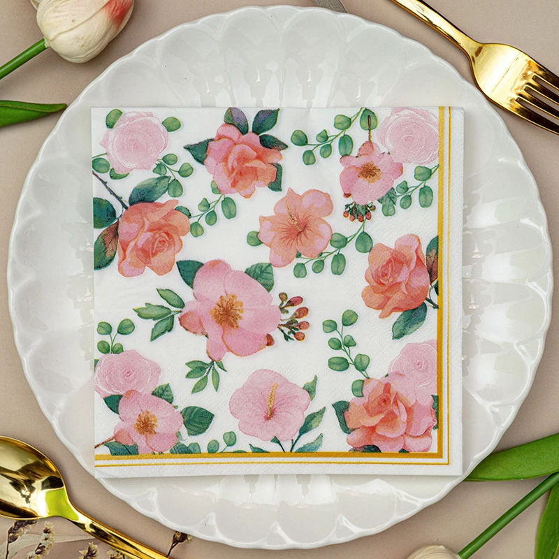 20Pcs Pink Flower Printed Napkins, Disposable 2 Layer Paper Napkins for Party Hotel Dinner Table DIY Decor