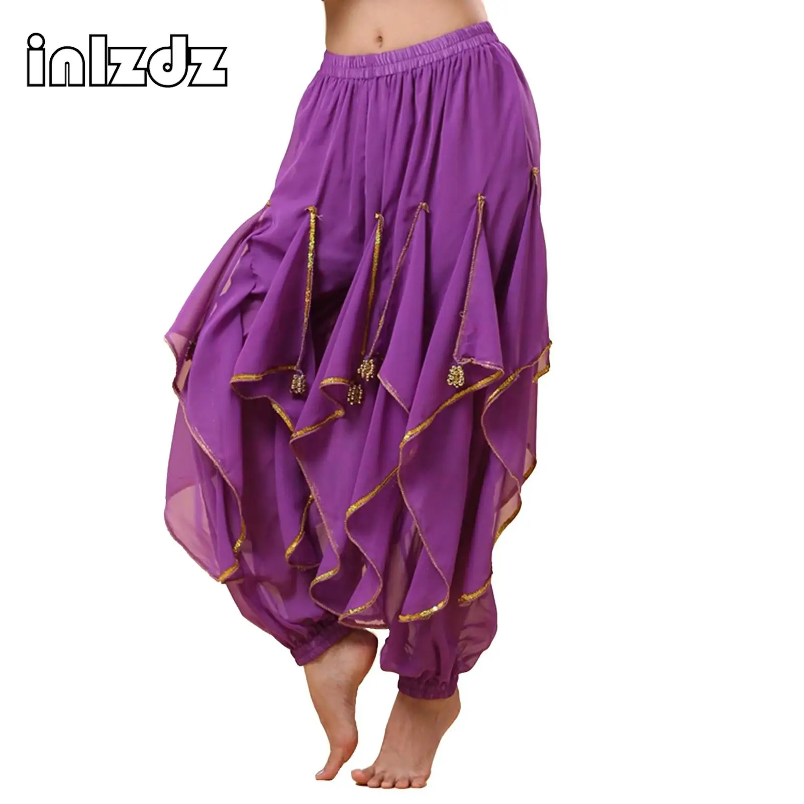 Womens Belly Dance Performance Costume Sequin Trim Pants Elastic Waistband Ruffles Trousers with Plastic Beads