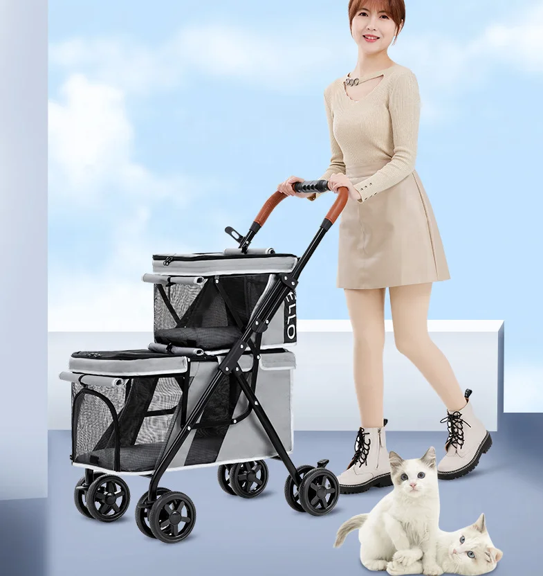 Cochecito para mascotas de doble capa, portador plegable, cochecito ligero desmontable para perros y gatos con 4 ruedas