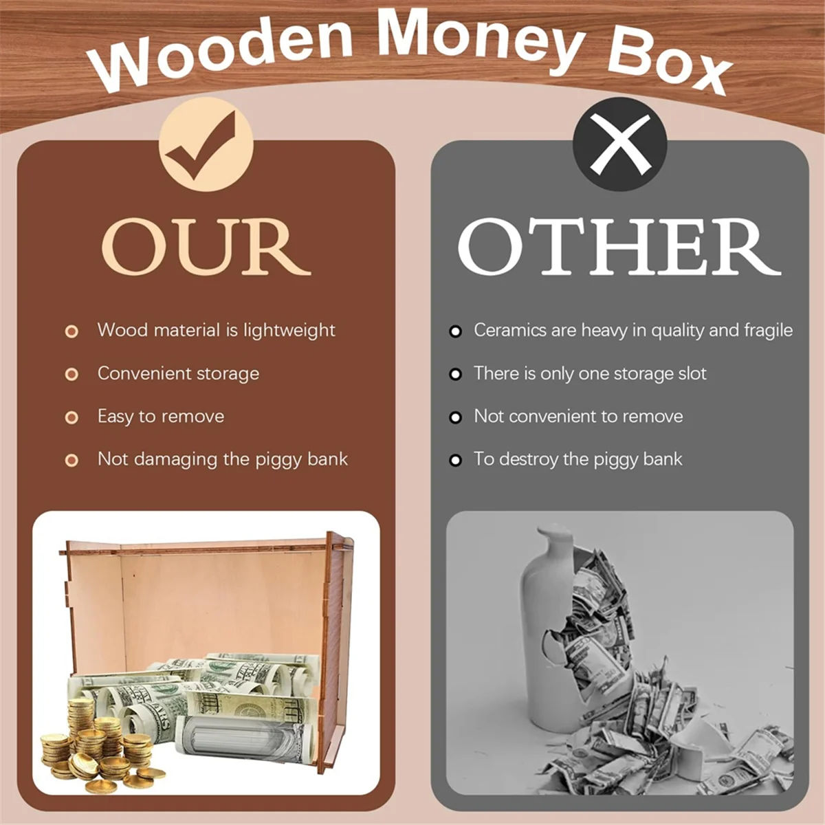 A11I Money Saving Box, Wooden Cash for Kids and Adults, Reusable Money Box with Countdown and Money Target, Challenge 1000