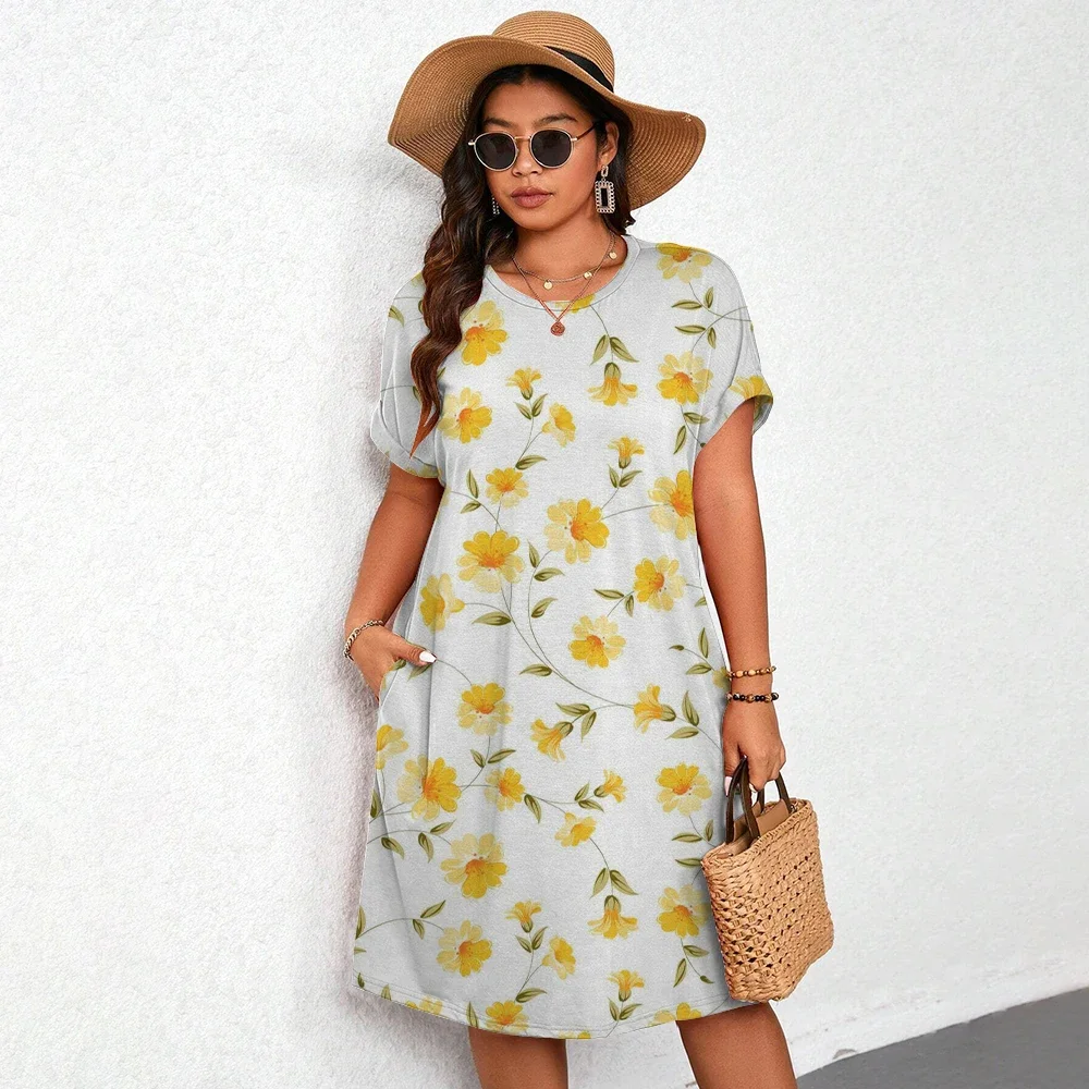 Summer Ladies oversized loose simple dress 2024 The latest fashion multi-colored flower print short-sleeved crew-neck dress