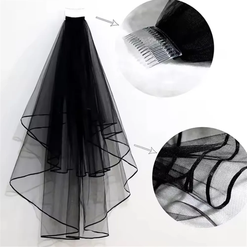 القوطية الشريط حافة الحجاب الزفاف للنساء اكسسوارات 2 طبقات مع مشط حفل زفاف الحجاب القصير اكسسوارات الزفاف تأثيري #1