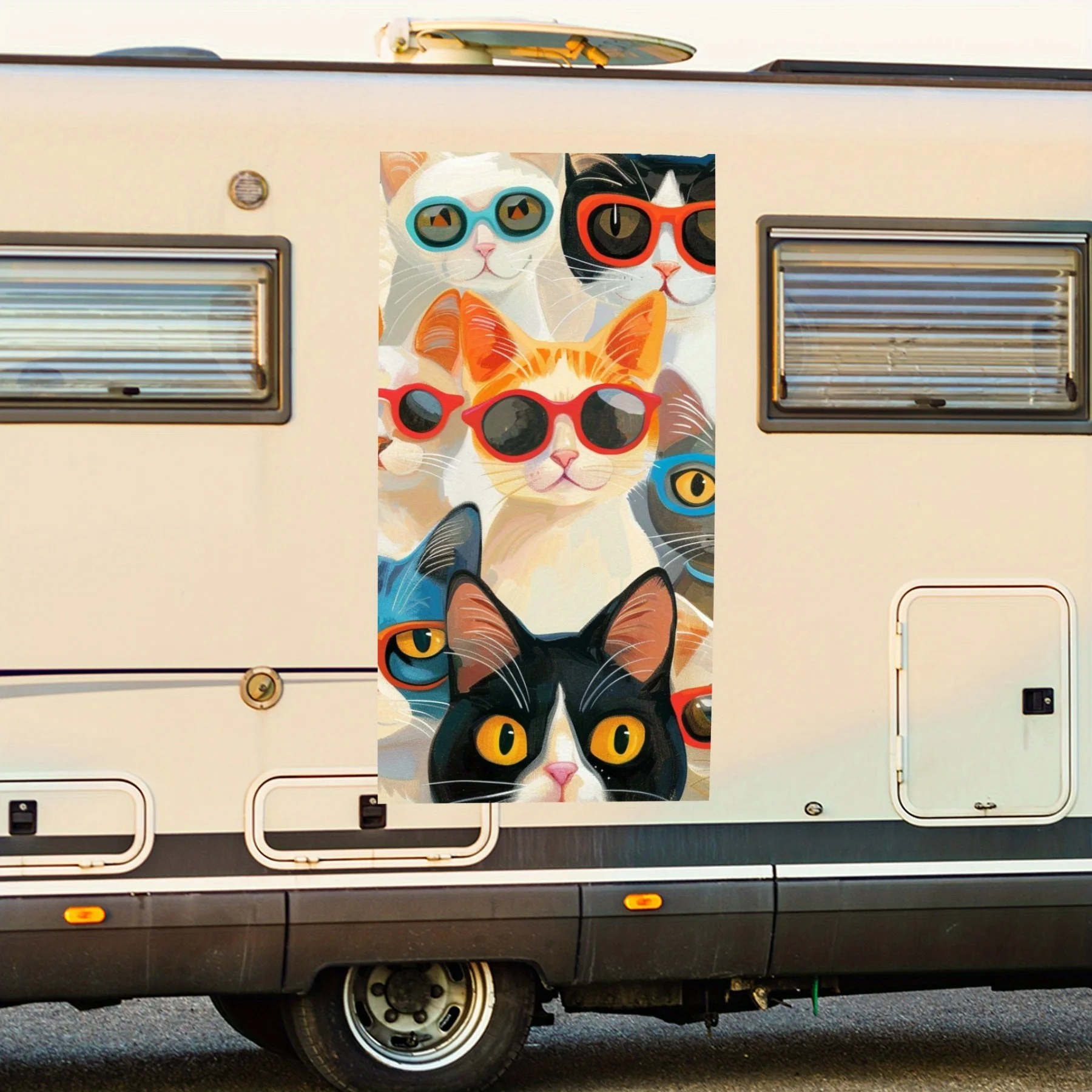 Fun - loving cats in shades! Lively RV decal to show your playful side.Vinyl Decal for motorhome car door, Waterproof Self-Adhes