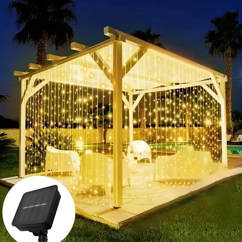 Solar-Vorhang-Licht für den Außenbereich, 3 x 3 m, 300 LEDs, Urlaubsdekorationen, Girlande, 8 Modi, Halloween, Weihnachten, Party, Dekoration, Lichterketten