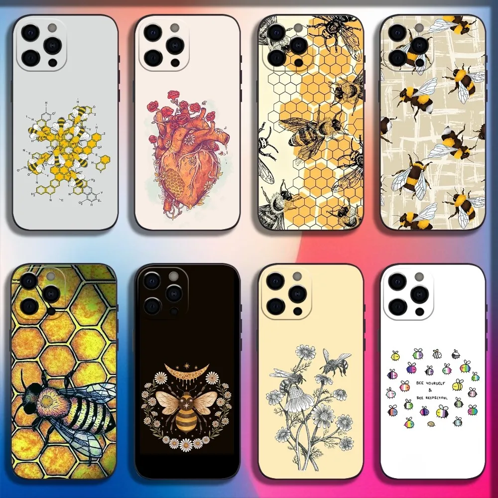 Bee Honey Art Print Phone Case For iPhone 16,15,14,13,12,11,Pro,X,XS,Max,XR,Plus,Mini Soft Black Cover