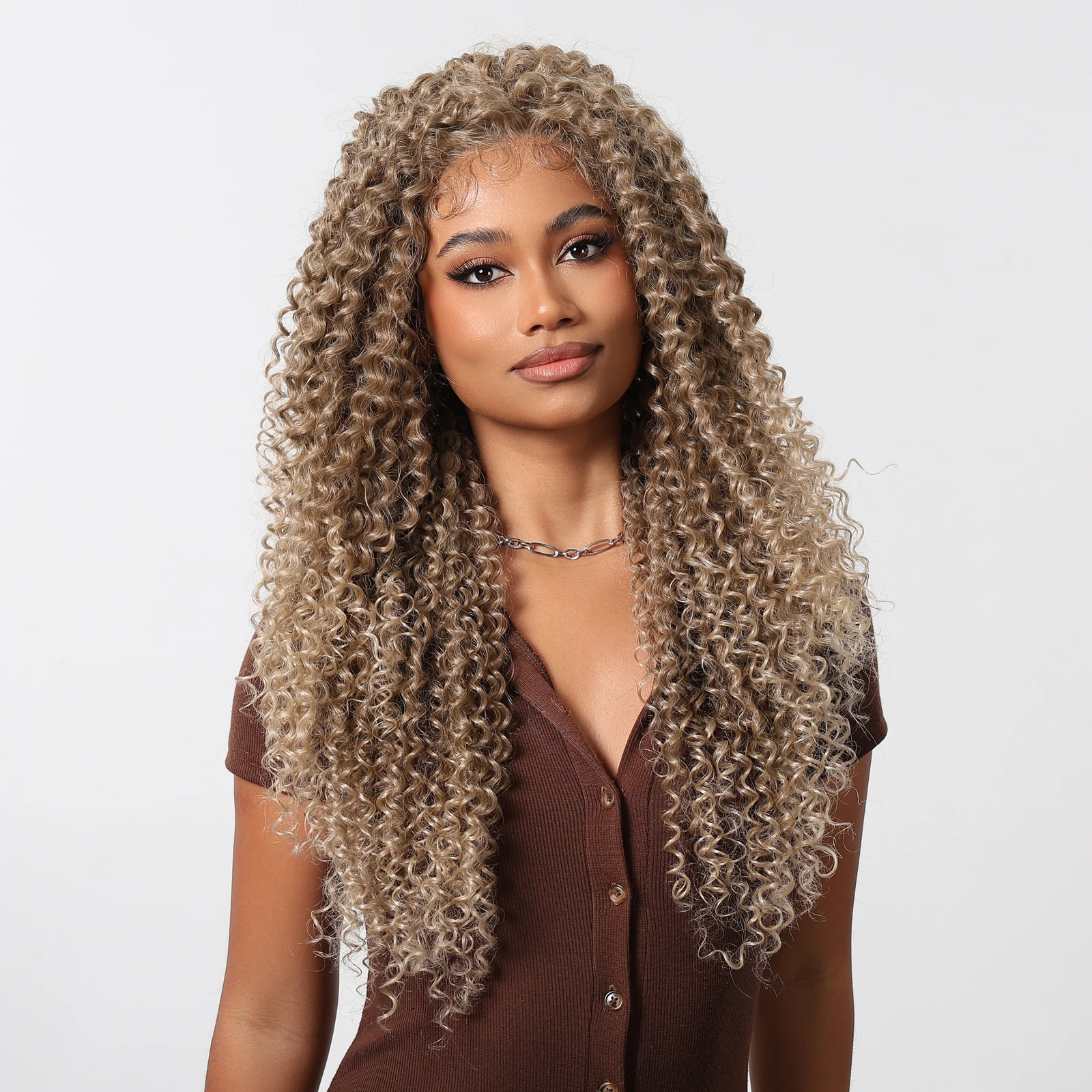 ELEMENT 13*6 Lace Front Synthetic Wigs Afro Curly Wavy Mixed Brown Blonde Daily Party Wig for Women Ladies Natural Daily Use