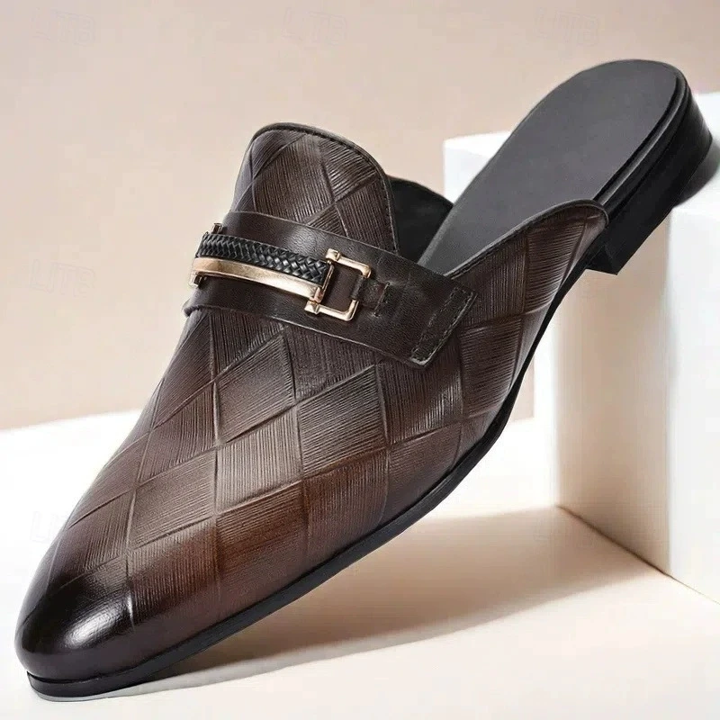 Men's Flat Mules Slippers Slip on Genuine Cowhide Leather Luxury Gerling Pattern Loafer Slides Closed Pointed Toe Half Shoes