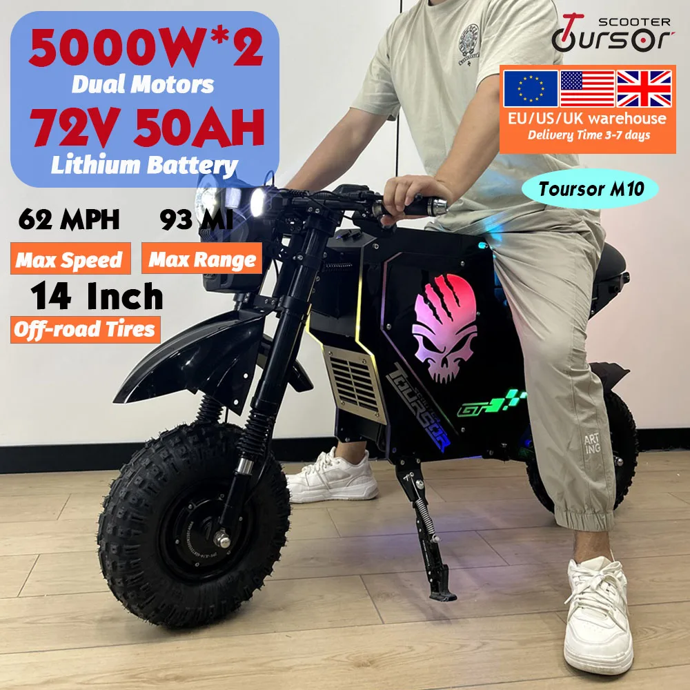 

Customize 14inch Off-road Electric Motorcycle 72V 10000W 50Ah Dual Motors Long-Range Lithium Battery Speed 62MPH Range 93Mile