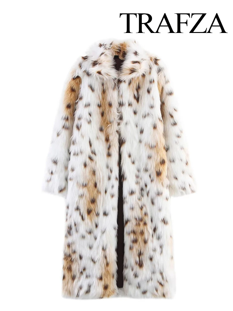 

TRAFZA Women Winter New Fashion Lapel Long Imitation Fur Leopard Print Loose Outwear Coat Female Elegant Warm Casual Long Jacket