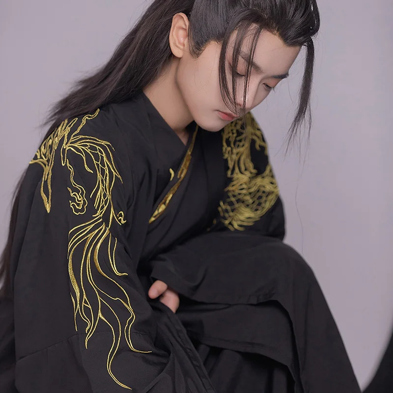 original Customized Spring and Autumn Collar Waist Hanfu Chivalry Suit Embroidered Large Sleeve Shirt Male Students