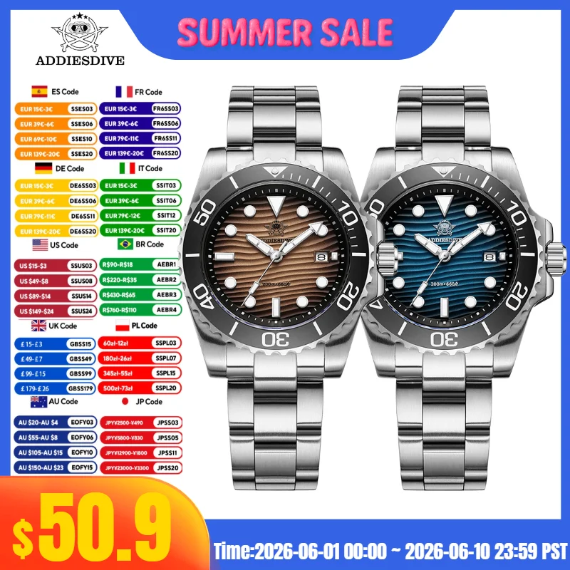 

ADDIESDIVE Men Watch 3D Desert Texture 20Bar Waterproof 41mm 316L Stainless Steel BGW9 Super Luminous Date Display Quartz Watch