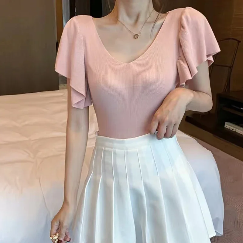 

Summer Pink Knitting Blouse for Women Sexy Slim Fit Rufflers Short Sleeve Shirts Woman Clublow-cut V-neck Thin Shirt