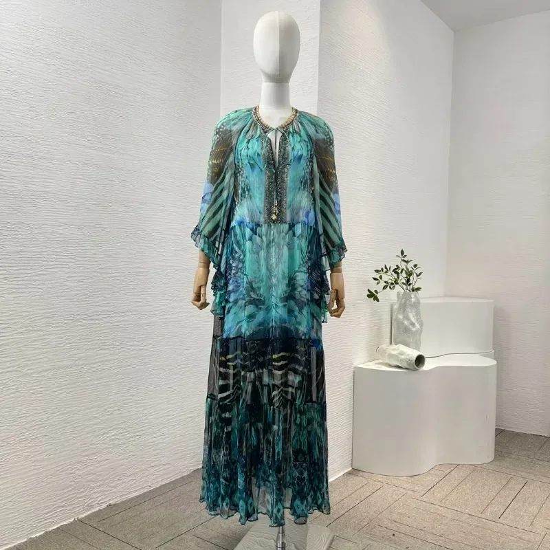 Vestido Midi de Diamantes sem mangas com estampa floral feminino, Alta qualidade, Feriados, Recente, Azul, Verde, 3/4, 2022