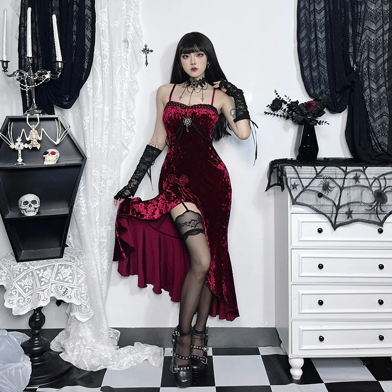 2026 New Vintage Dark Valent Hight Split Dresses Cyber Y2K Sleeveless Spaghetti Strap Bodycon Dress Elegant Women's Party Gown