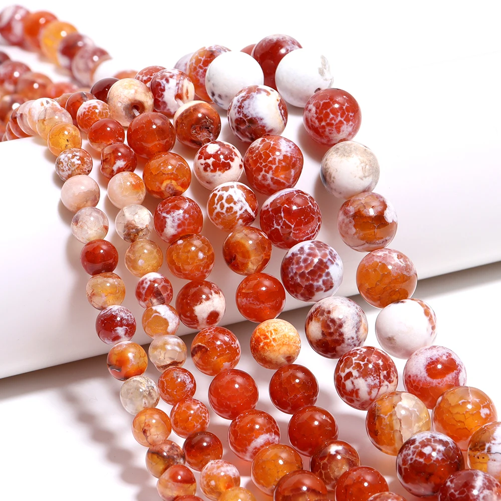 الأوجه الطبيعية الأبيض الأحمر الصقيع متصدع النار العقيق الجزع العقيق الخرز المستديرة 15 ''ستراند 6/8/10 مللي متر سوار ذاتي الصنع إكسسوارات #1