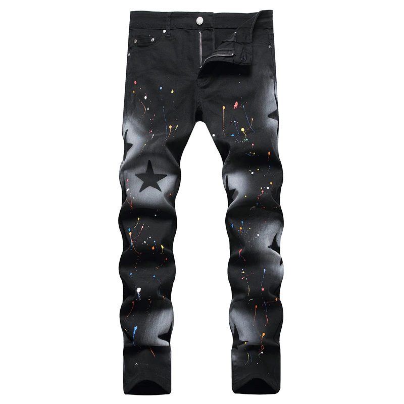 Personality Hand-Painted 5-Point Star Print Jeans 2023 Black Fashion Mid-Waist Elastic Slim Casual Pants Hip Hop Motorcycle Clot